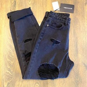 NWT prettylittlething size 4 tall washed black distressed mom jeans